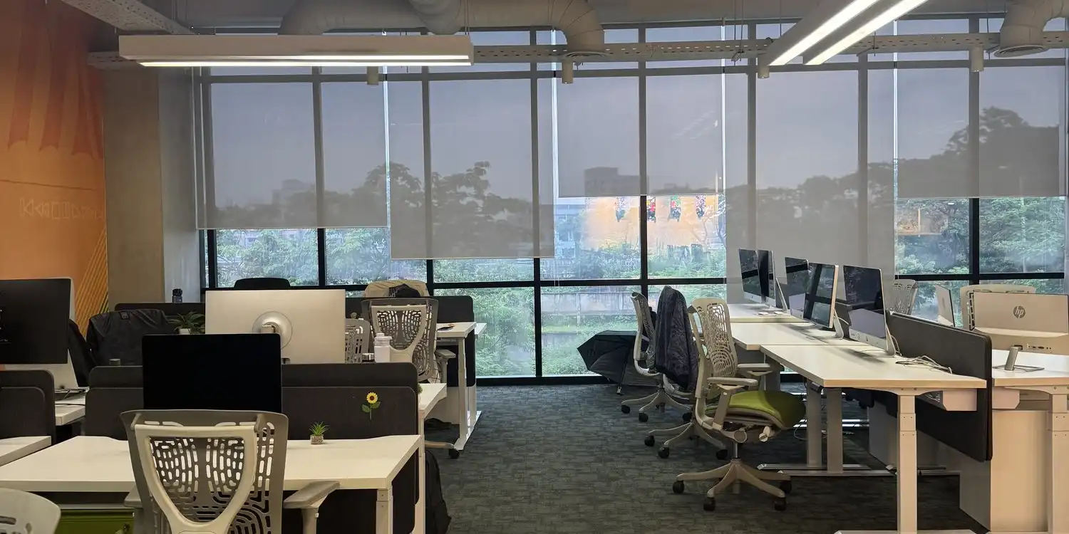 An open-plan office with rows of desks, mesh chairs and tall windows onto trees
